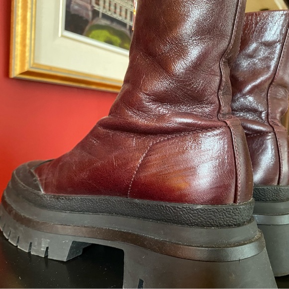 〰️ Zara Chucky Platform Sole Boots Lug-Sole Combat Boots in Burgundy Leather 〰️ - Picture 7 of 12